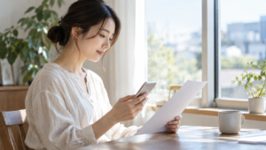 カウンセリングの契約資料とスマートフォンを確認する人