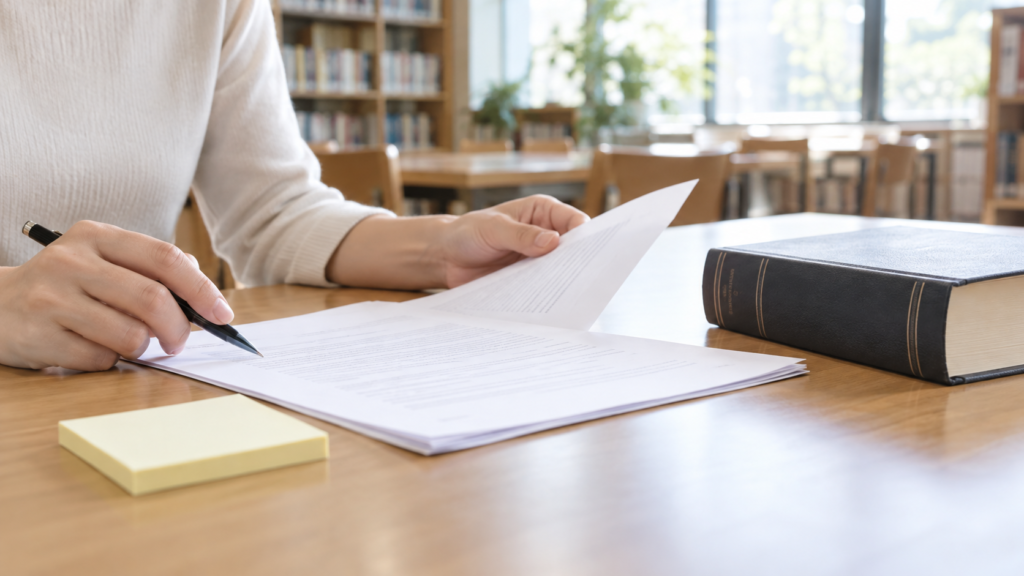 契約書の確認事項を整理する机上の書類