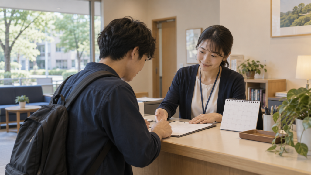 大学の相談室で受付と利用条件を確認する場面のイメージ