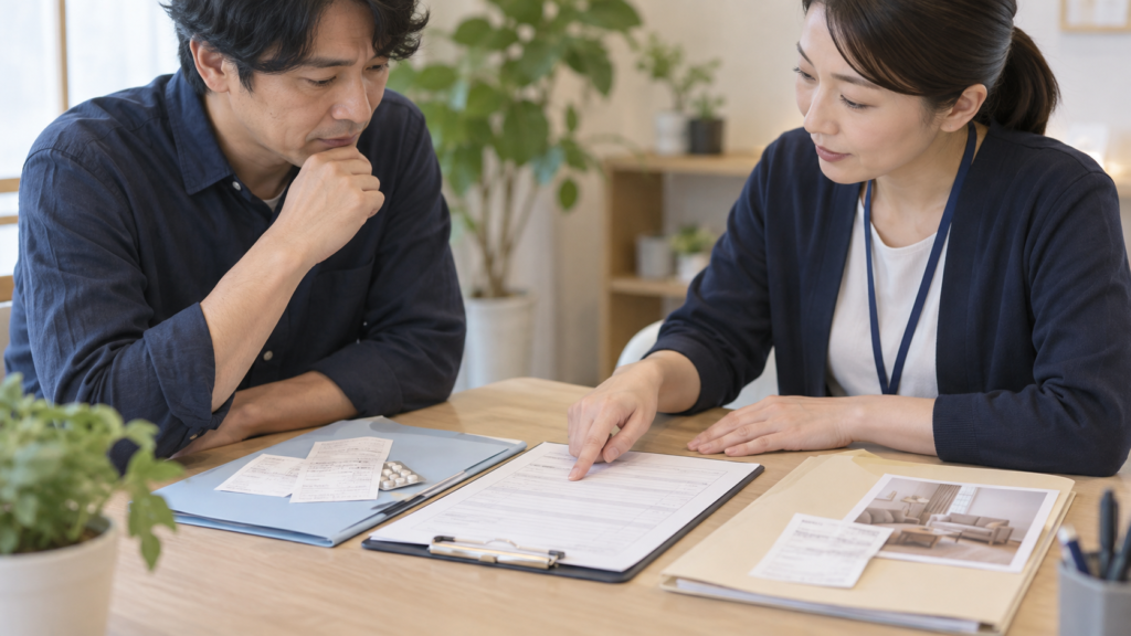 医療費支援の申請書と対象費用を窓口で確認する手元のイメージ