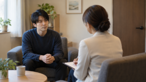 閉じた相談室でカウンセラーと個別に話す人のイメージ