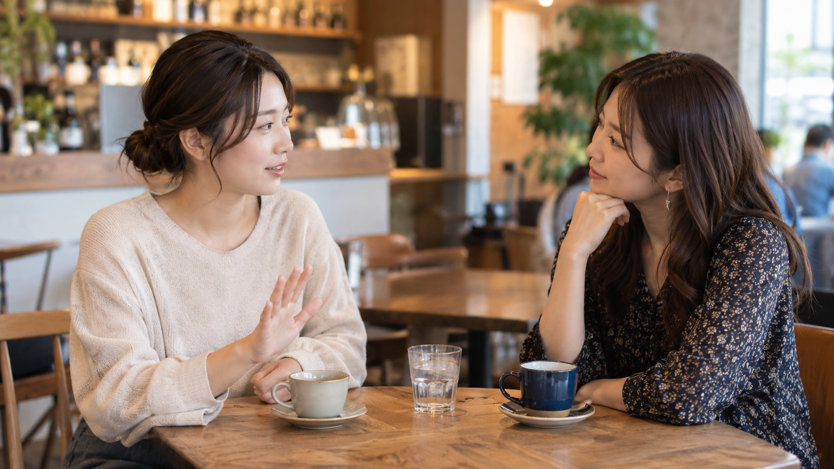 カフェで穏やかに会話する二人の女性