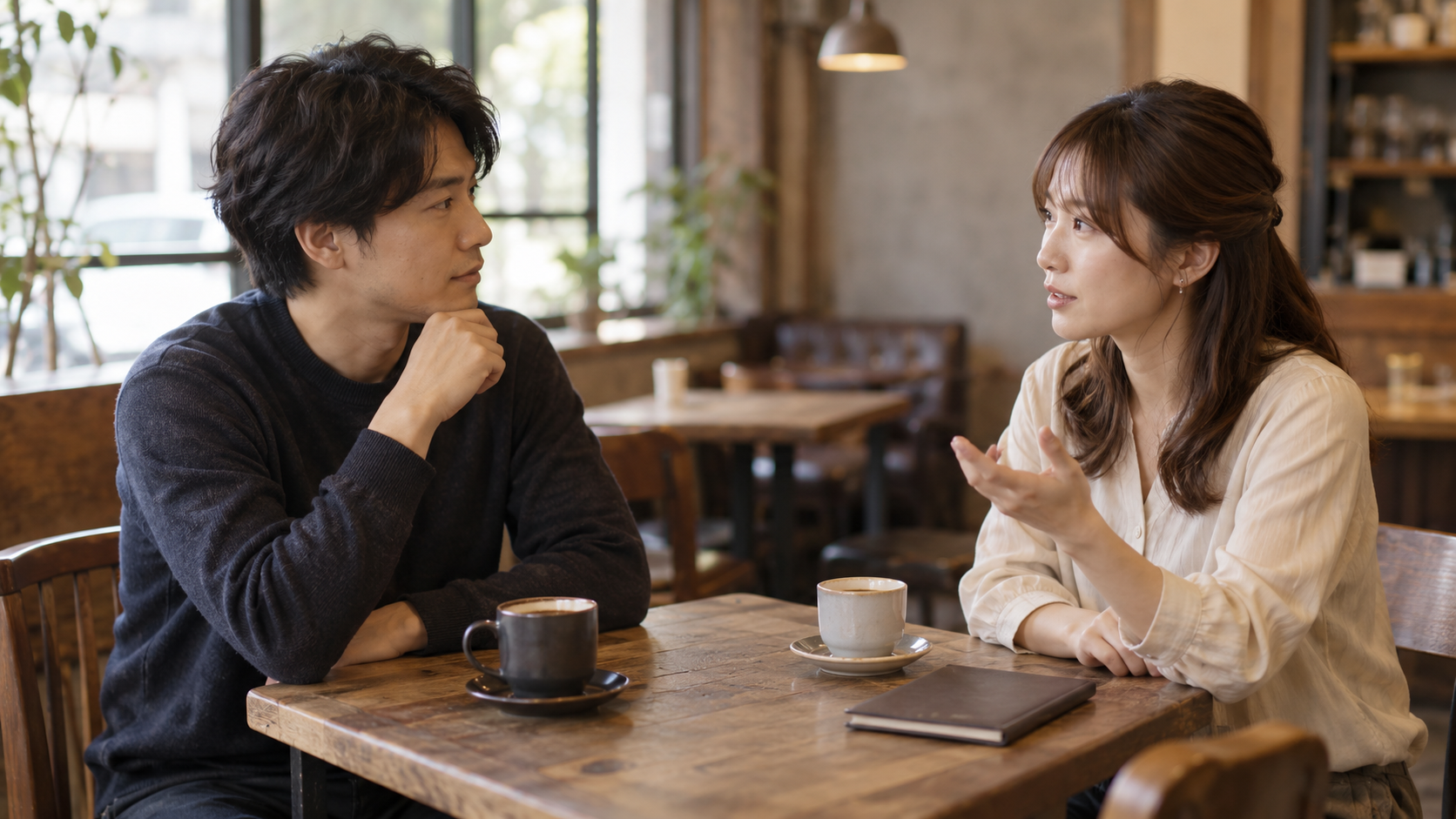 カフェで質問を聞きながら会話する二人