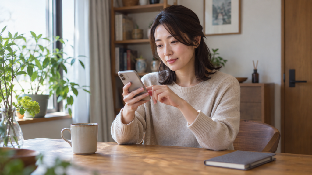 スマートフォンで返答を考える女性