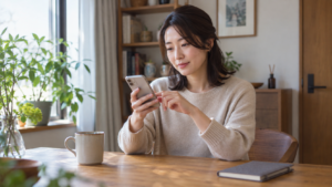 スマートフォンで返答を考える女性
