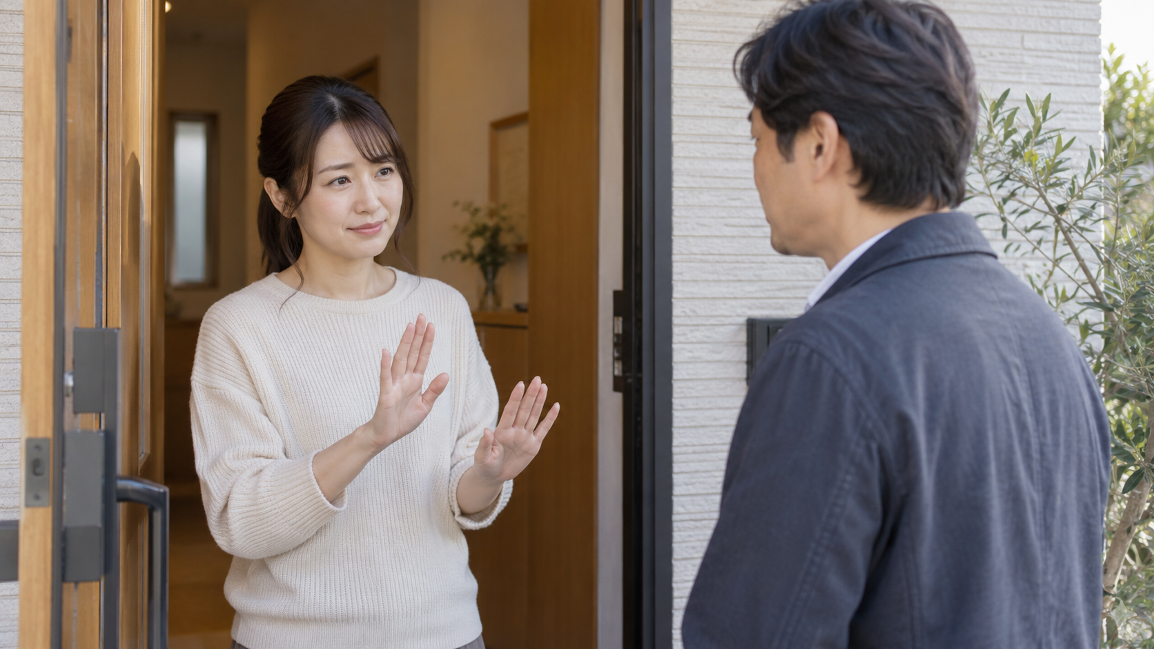 玄関先で訪問者に返事をする女性