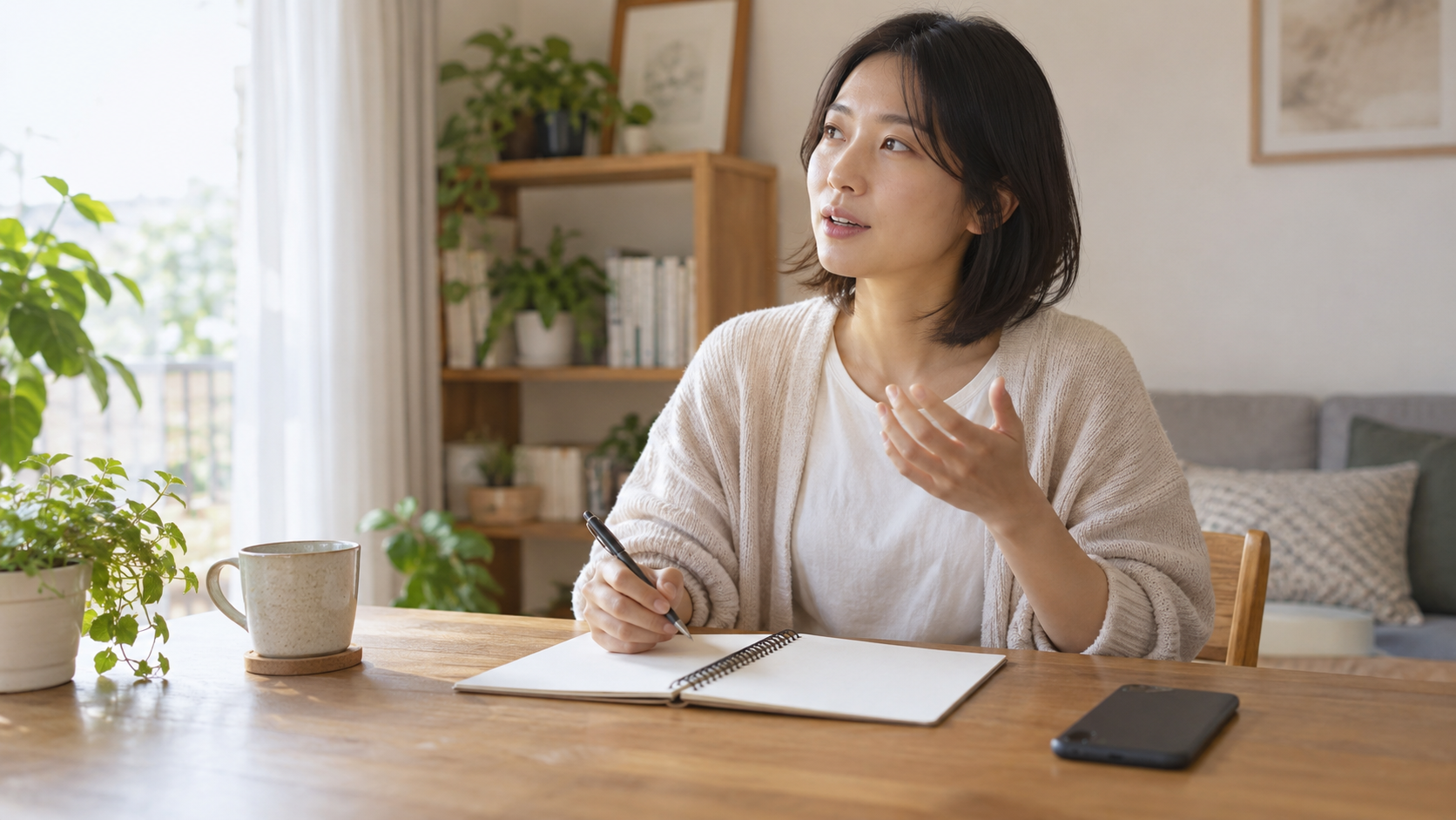 ノートを前に声に出して返答を練習する女性