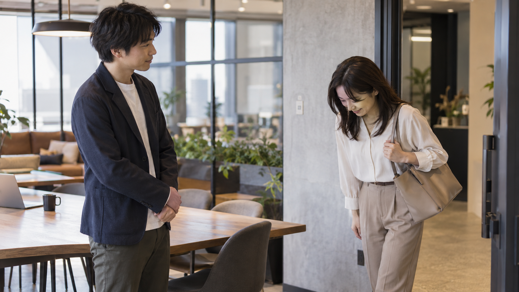 共有スペースの出入口で会話を終えて会釈する女性