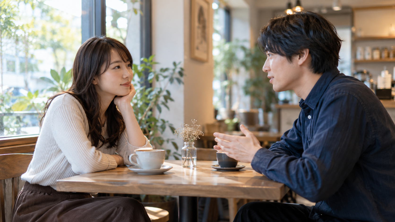 テーブルを挟んで向かい合い会話する二人