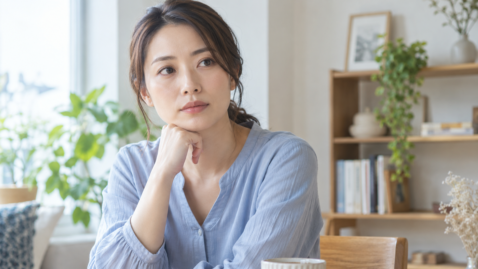 窓辺で横方向に視線を向けて考える女性