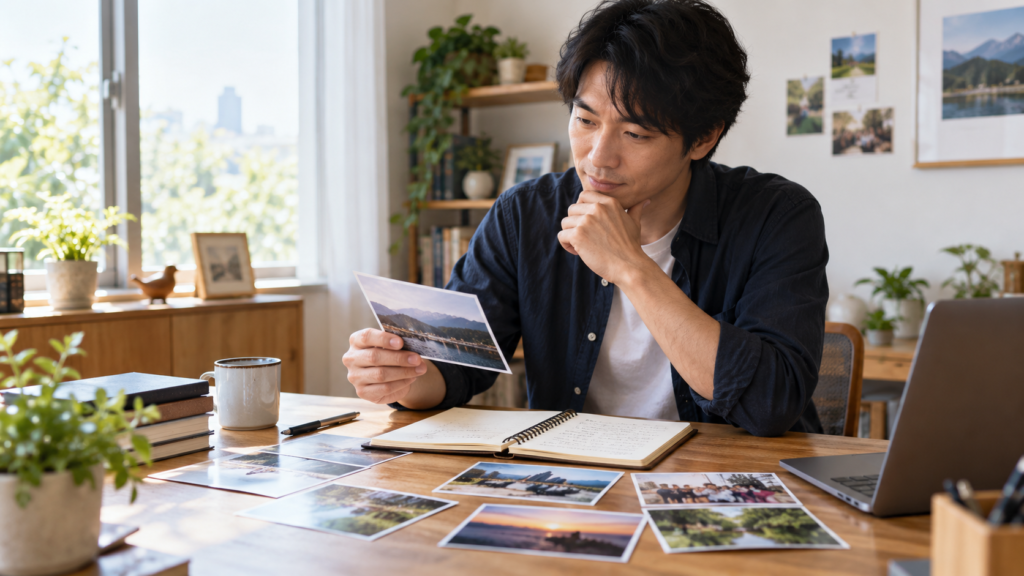 写真と記録を比べながら自分の記憶を確かめる人