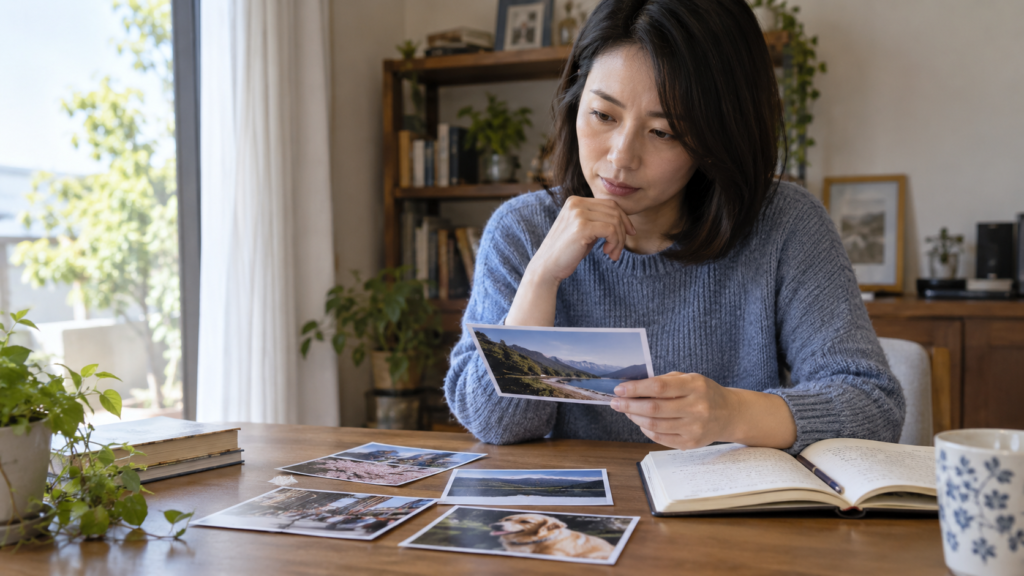 写真と手帳を見返して過去の出来事を確認する人