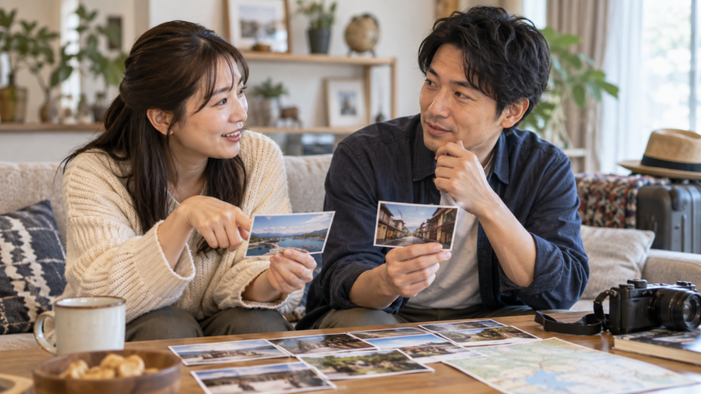 旅行写真を手がかりに別々の場面を思い出す二人