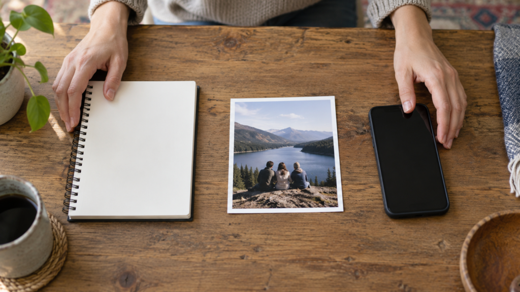 写真とスマートフォンとメモを分けて情報源を確認する手元
