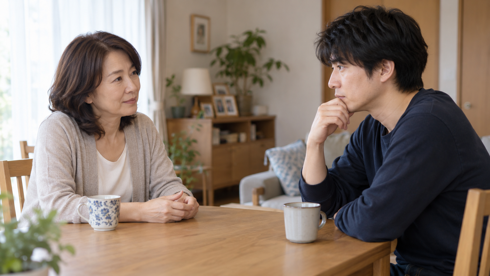 食卓で穏やかに話をする成人の家族のイメージ
