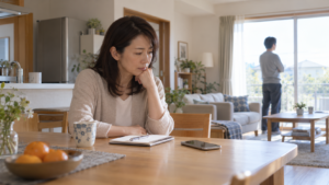ノートとスマートフォンを前に家族への対応を考える女性のイメージ
