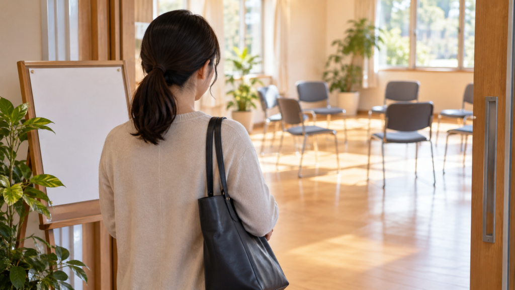 家族の交流の場に入る前に案内を確認する人