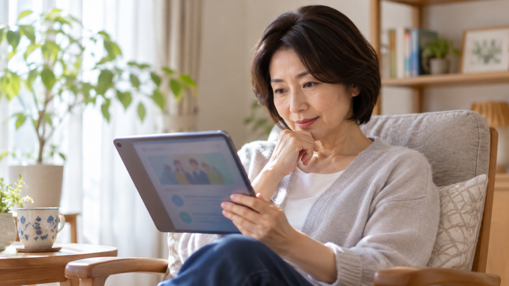 オンラインの家族交流サービスの案内を読む人