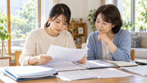 年金相談に向けて受診歴と書類を整理する本人と家族