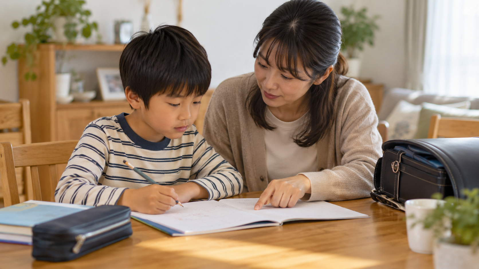 子どもの宿題を隣で見守る保護者