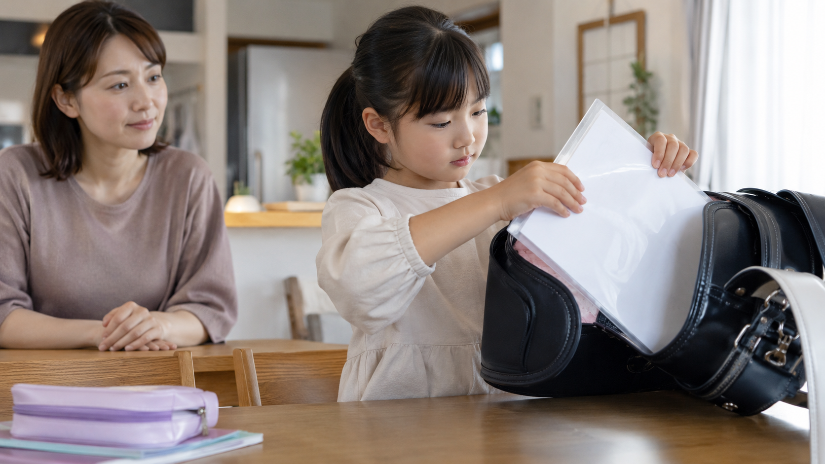 プリントを入れたファイルをランドセルに収める子ども