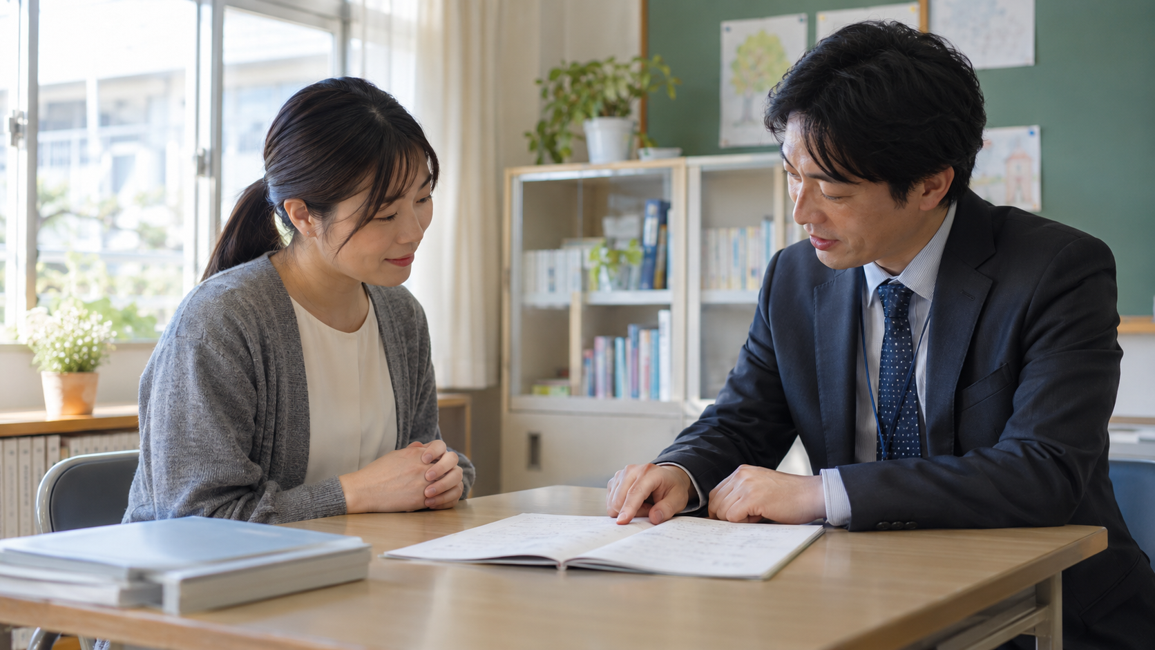 ノートを見ながら課題について相談する保護者と先生