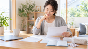 保険の書類と受診の資料を机で落ち着いて確認する人