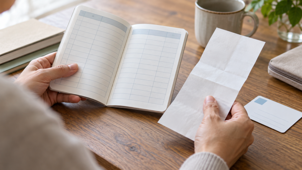 受診の領収書とお薬手帳を確認する手元
