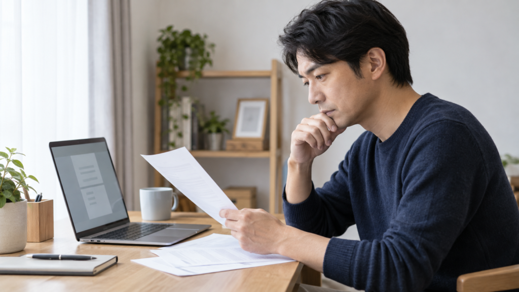 保険の契約条件を紙と画面で読み比べる人