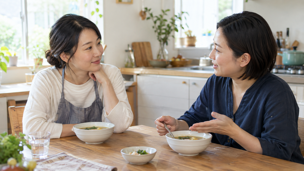 食卓でスープの感想を伝え合う二人
