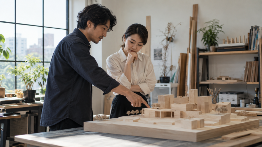 木製模型の一部分を指しながら意見を交わす二人