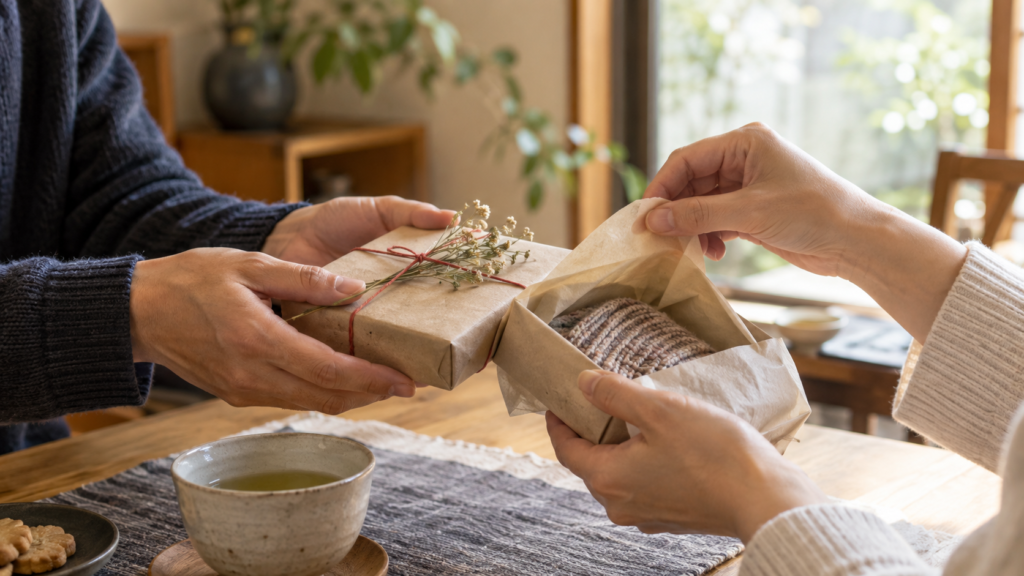 包みを開けて贈り物を受け取る人の手元