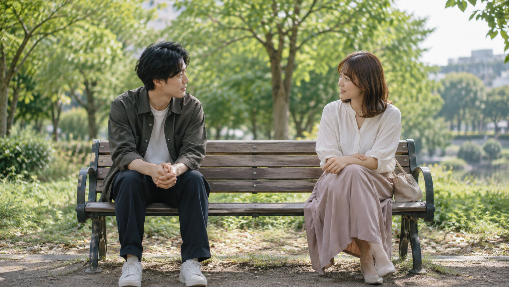 公園のベンチで向かい合い、落ち着いて話す二人