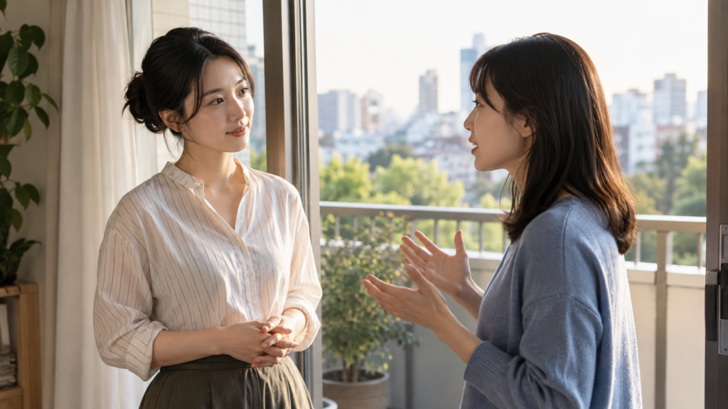 窓辺で相手の話に耳を傾ける女性