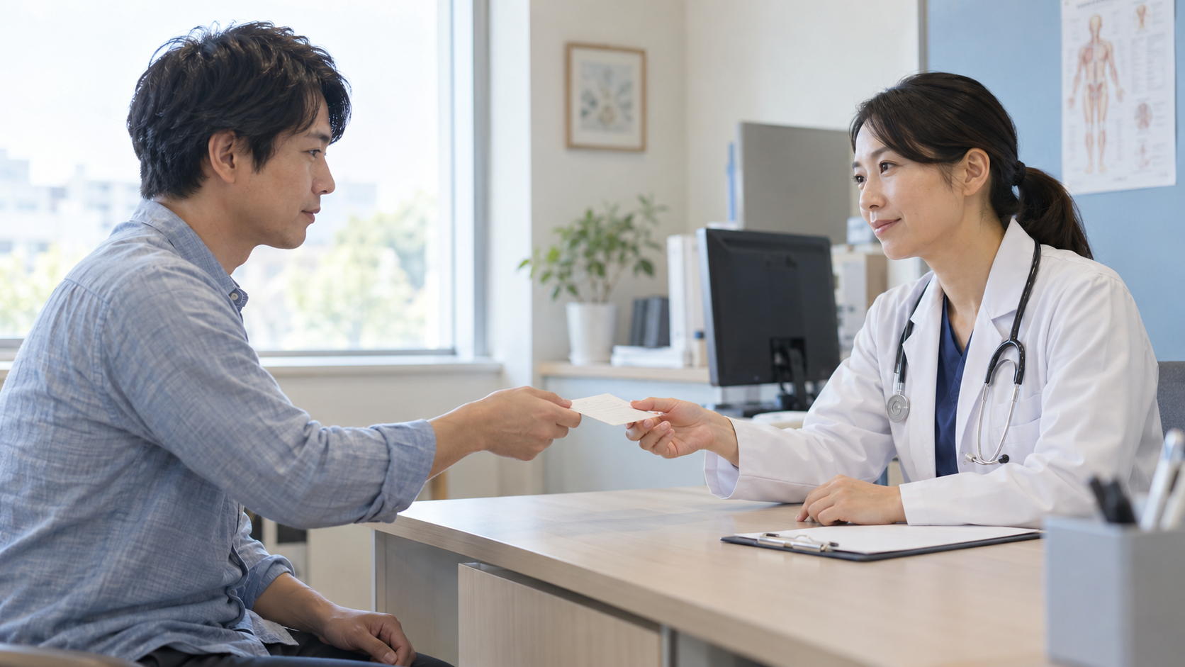 診察室で医師に小さなメモを渡す人のイメージ