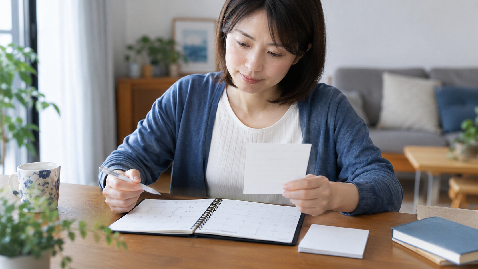 自宅でメモとカレンダーを見比べて情報を整理する人のイメージ