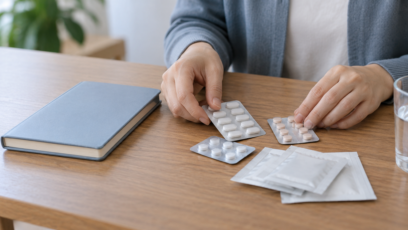 薬の包装と手帳を机に並べて確認する手元のイメージ
