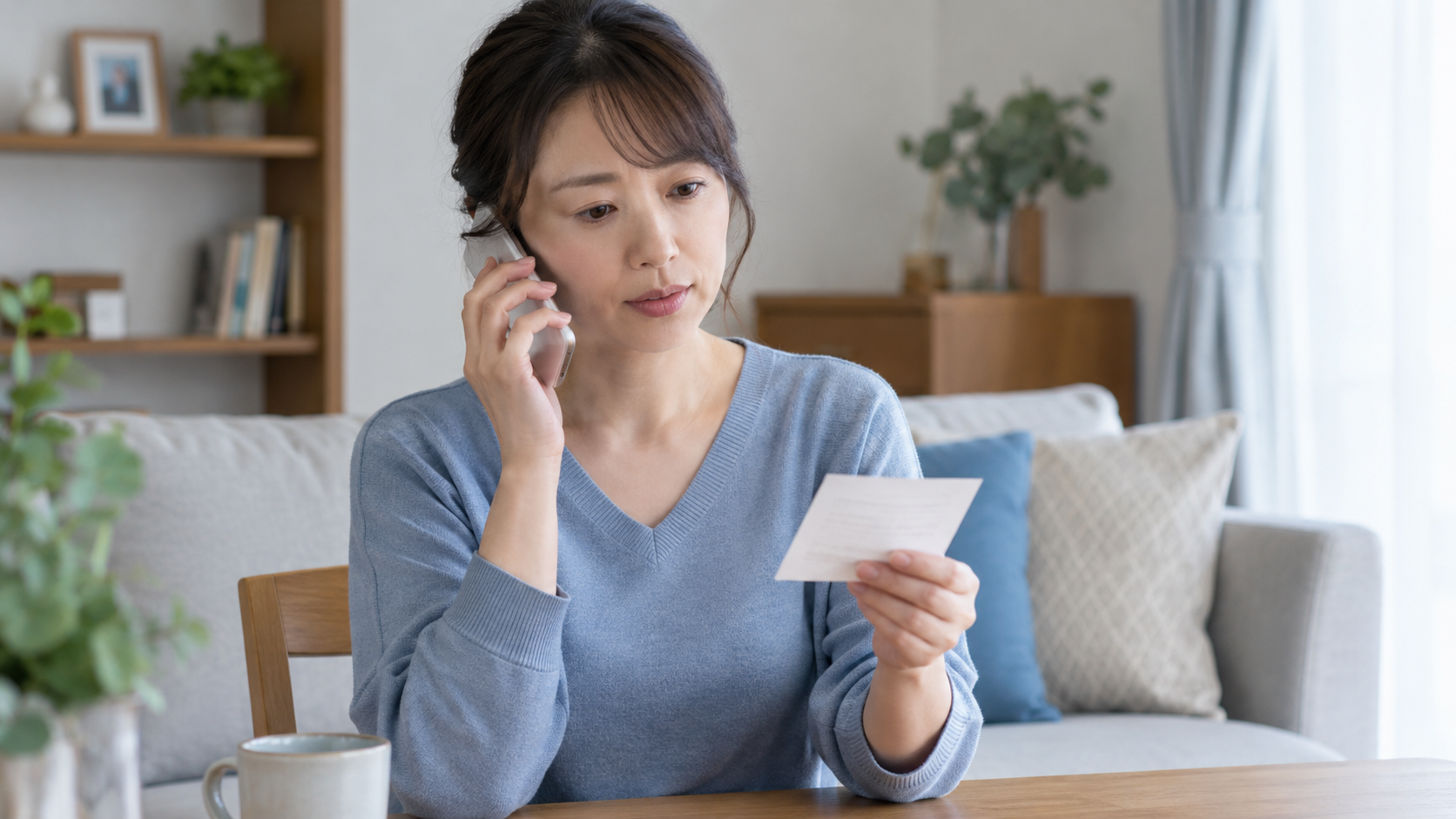 メモを見ながら自宅から電話をする人のイメージ