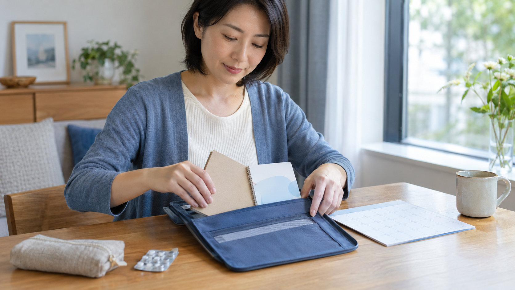 次の受診に備えて手帳やノートをポーチにまとめる人のイメージ
