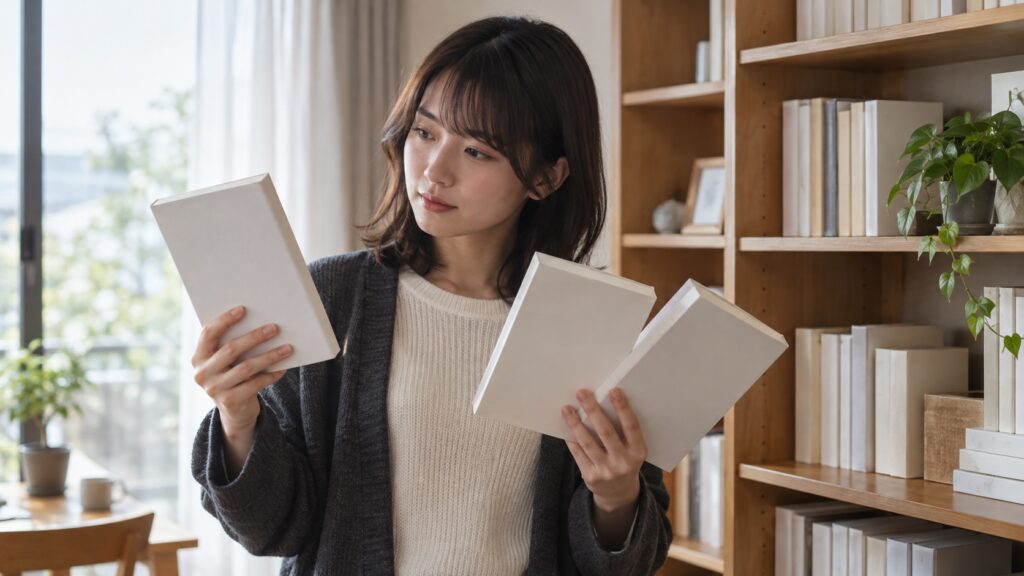 書棚の前で数冊の無地の本を見比べる読者