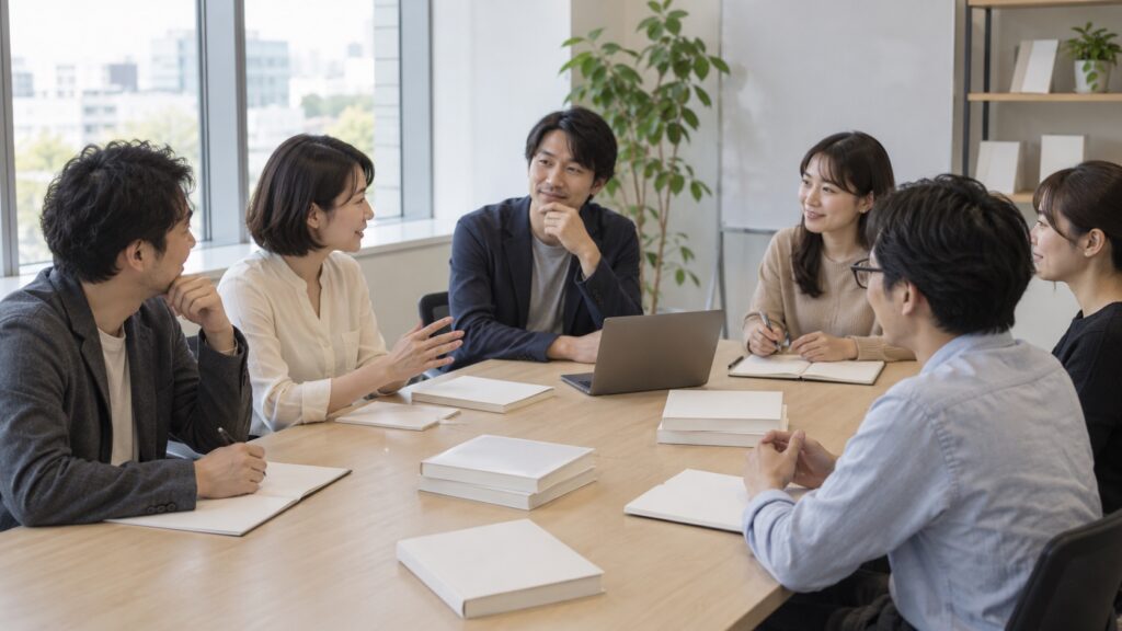 会議用のテーブルを囲んで話し合う六人の成人