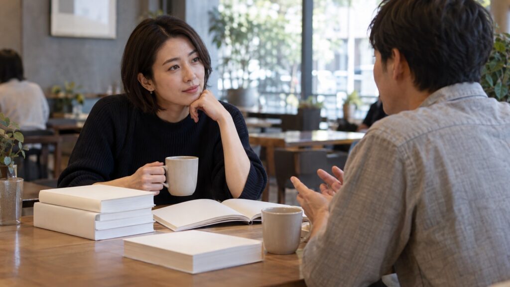 喫茶店のテーブルで向かい合って話す二人の成人