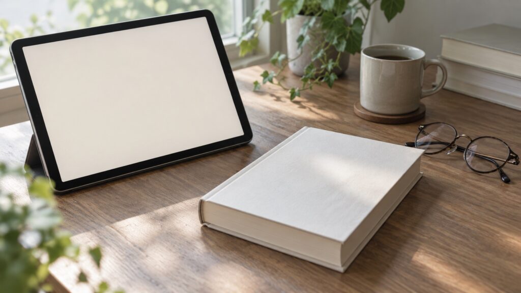 タブレットと紙の本を並べて作品情報を確認する机