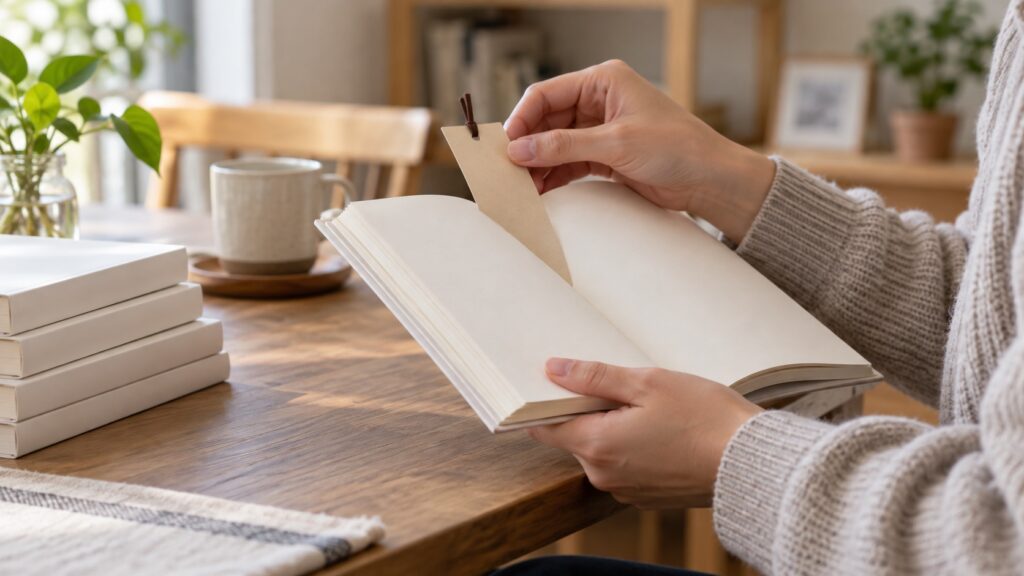 開いた本の冒頭にしおりを差す読者の手