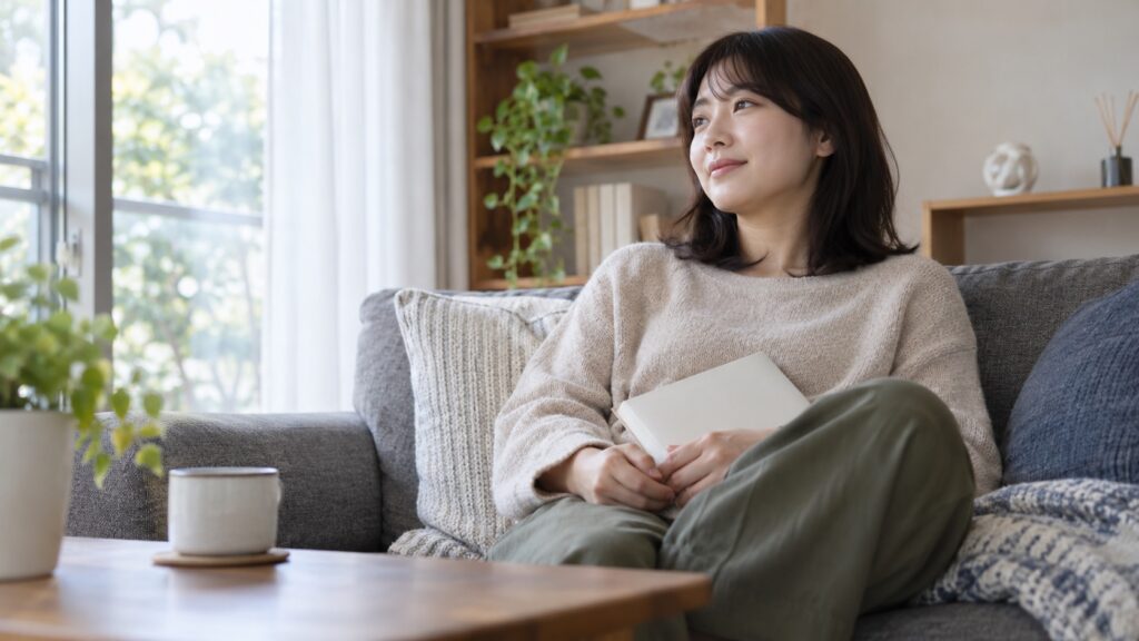ソファで本を閉じて休憩する成人の読者