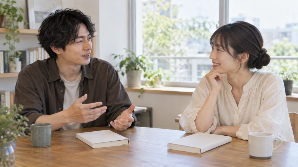 本を置いたテーブルで穏やかに感想を話す二人