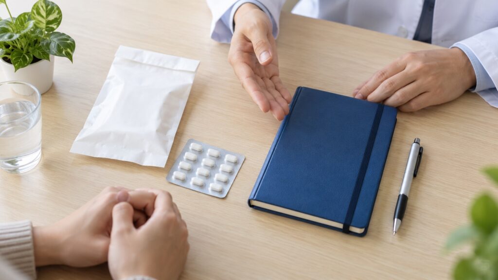 医師が薬袋とノートを前に処方目的を説明する手元