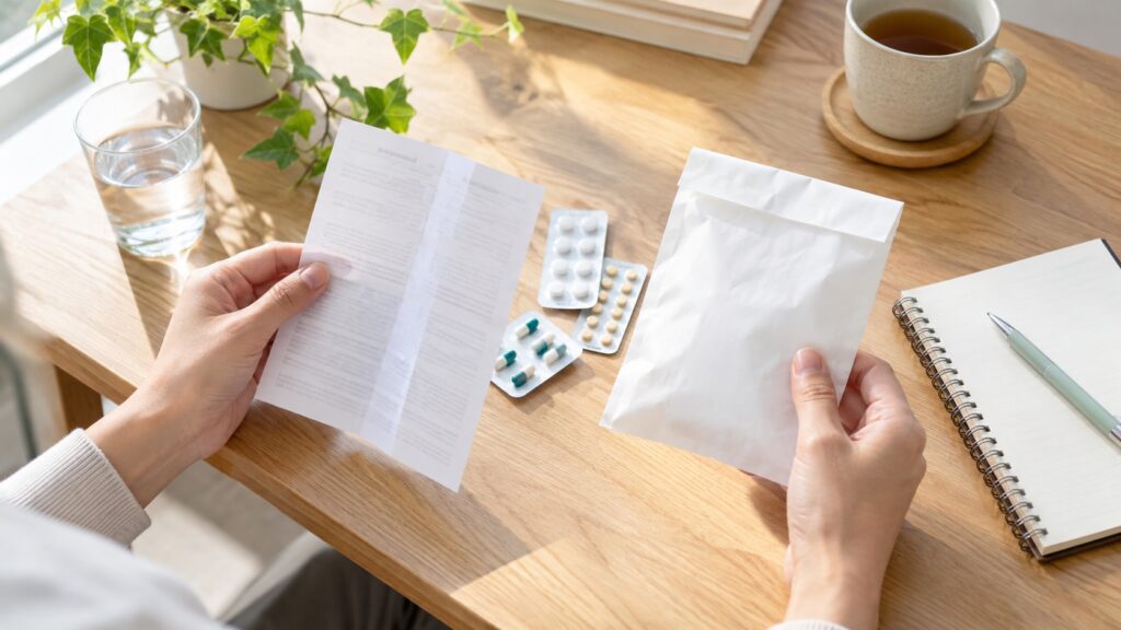 成人が薬の説明書と薬袋を並べて内容を確かめている
