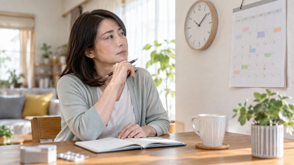 成人が生活の予定表を見ながら体調の変化を振り返っている