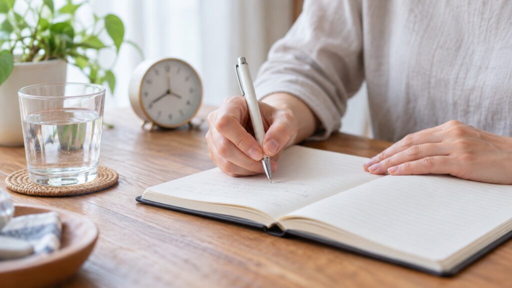 ノートに体調の記録を付ける成人の手元
